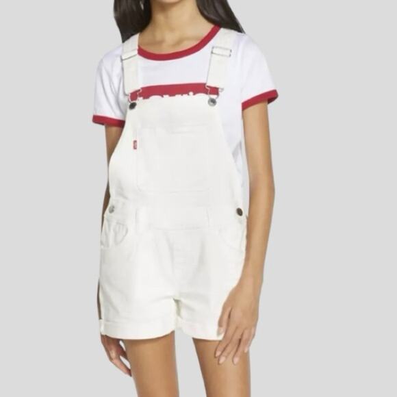 Levi's Girls Denim Shortalls White Size 12 Cutoffs Frayed Hem Adjustable Straps - Picture 1 of 12